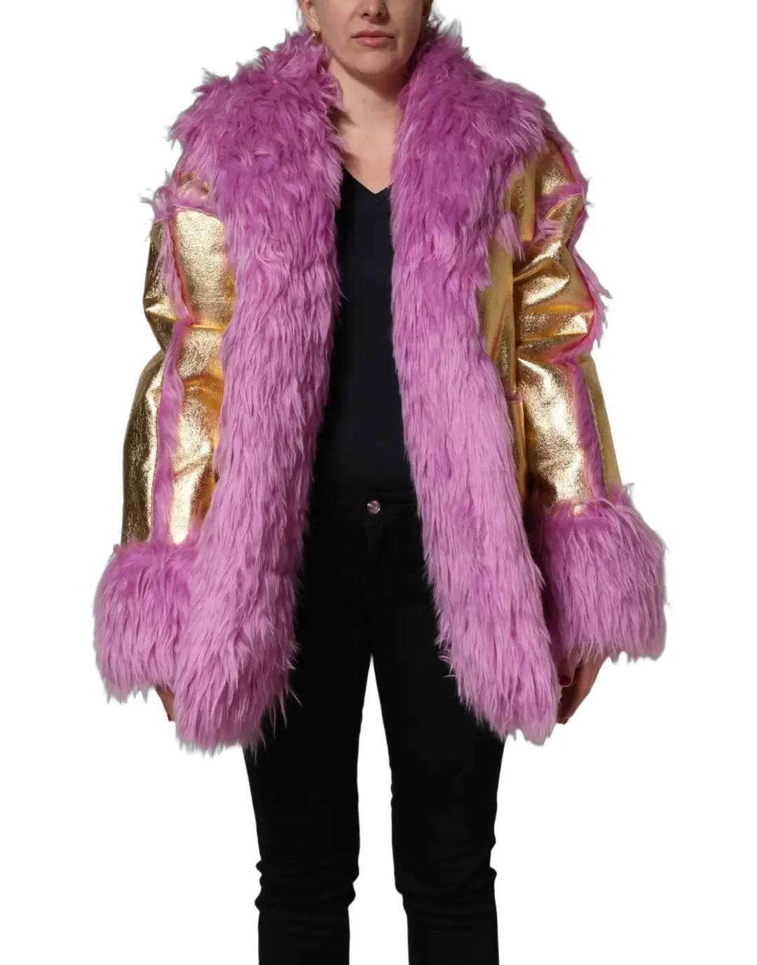 Dolce &amp; Gabbana Pink Plush Faux Fur Gold Leather Coat Jacket