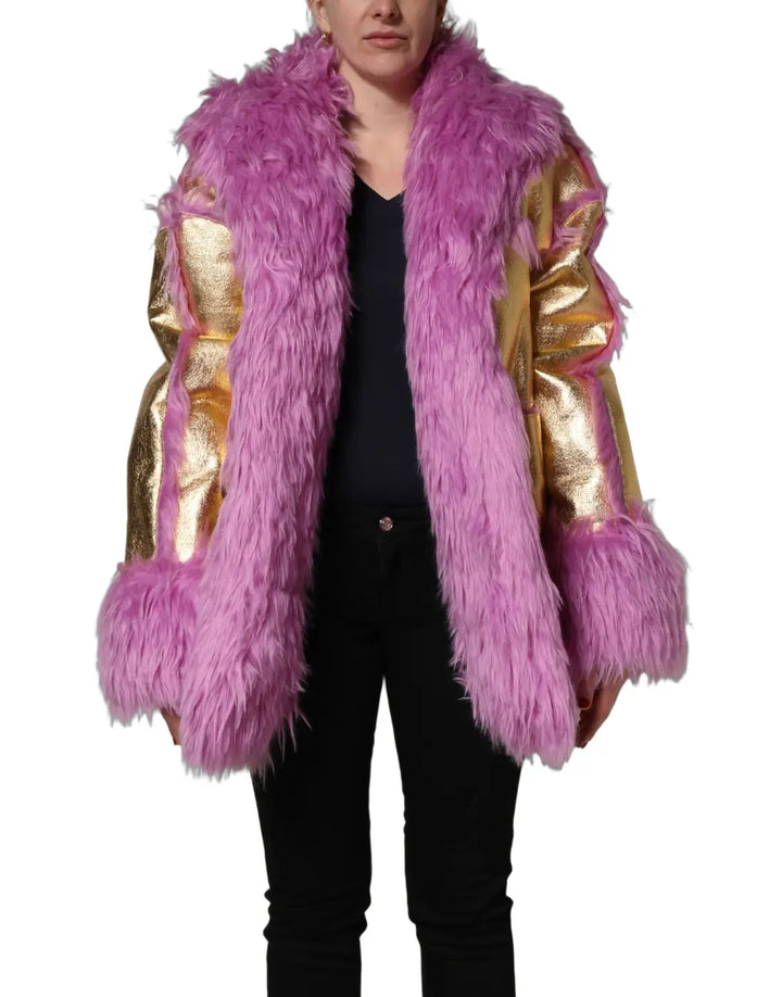 Dolce &amp; Gabbana Pink Plush Faux Fur Gold Leather Coat Jacket