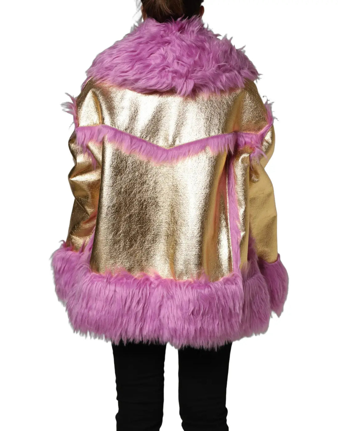 Dolce &amp; Gabbana Pink Plush Faux Fur Gold Leather Coat Jacket