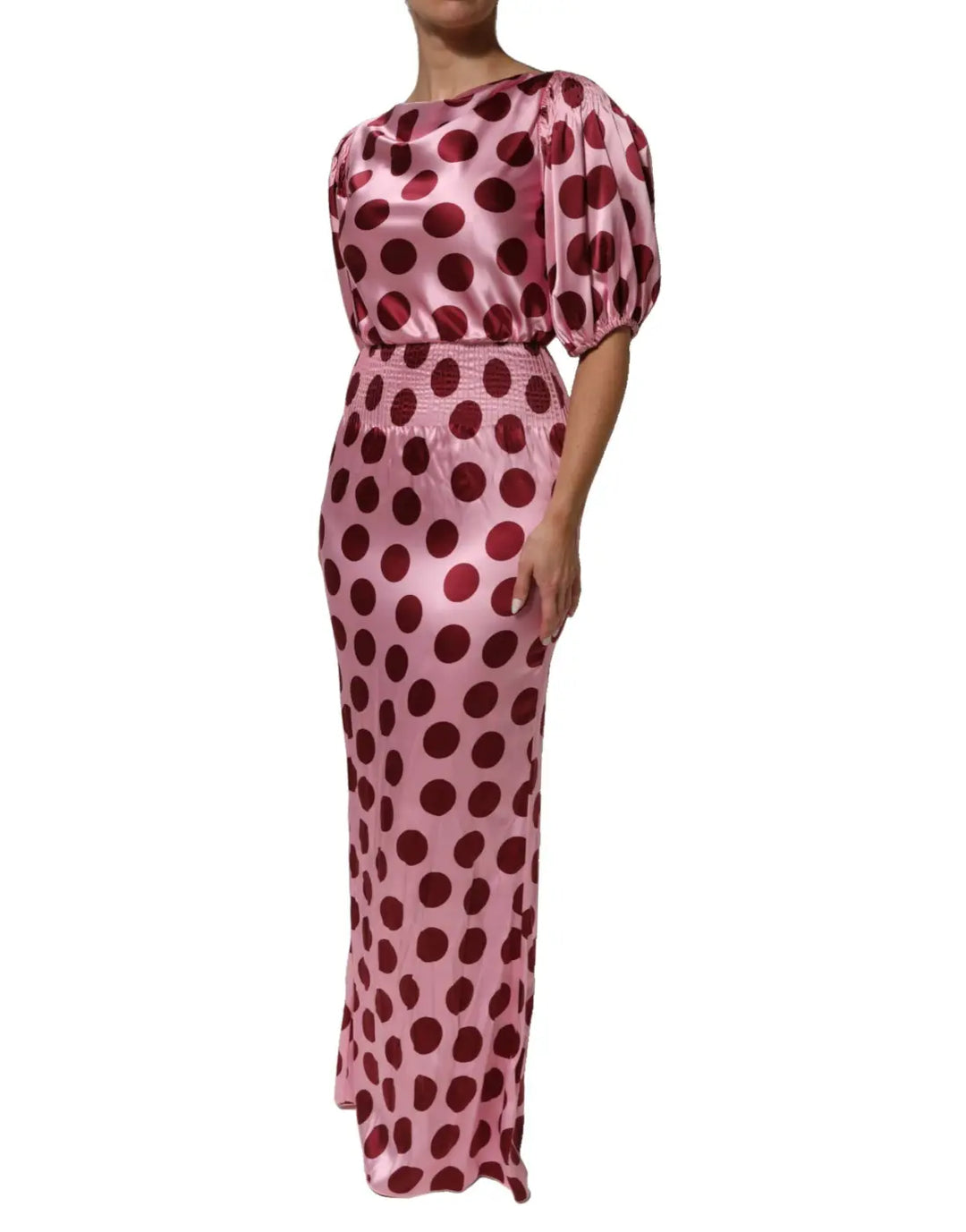 Dolce &amp; Gabbana Pink Red Polka Dot Silk Satin Maxi Gown Dress