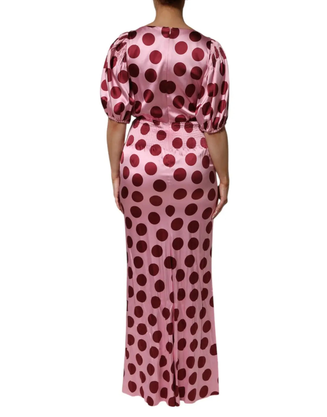 Dolce &amp; Gabbana Pink Red Polka Dot Silk Satin Maxi Gown Dress