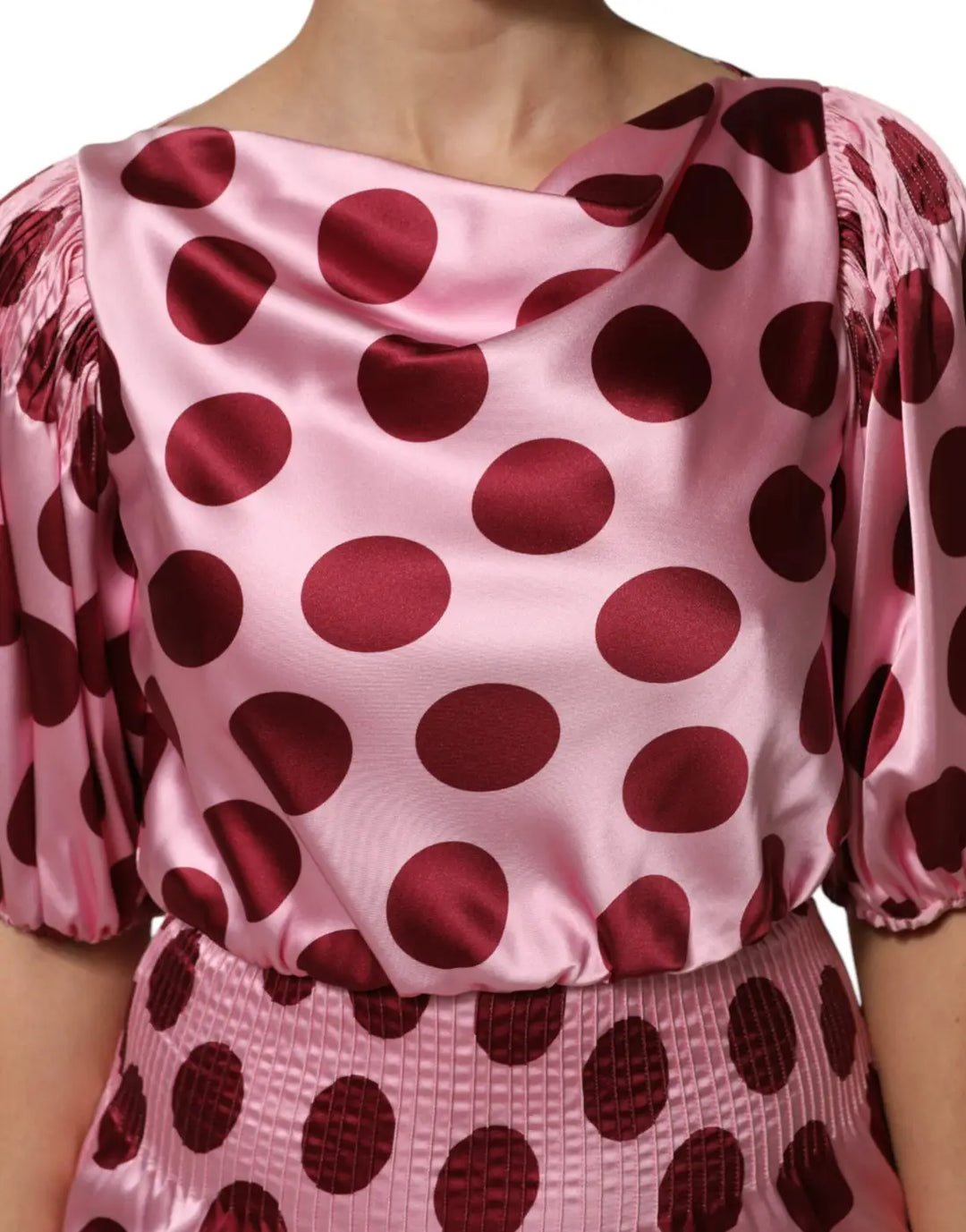 Dolce &amp; Gabbana Pink Red Polka Dot Silk Satin Maxi Gown Dress