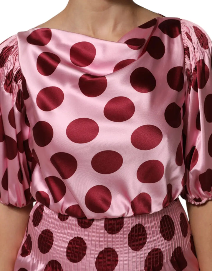 Dolce &amp; Gabbana Pink Red Polka Dot Silk Satin Maxi Gown Dress
