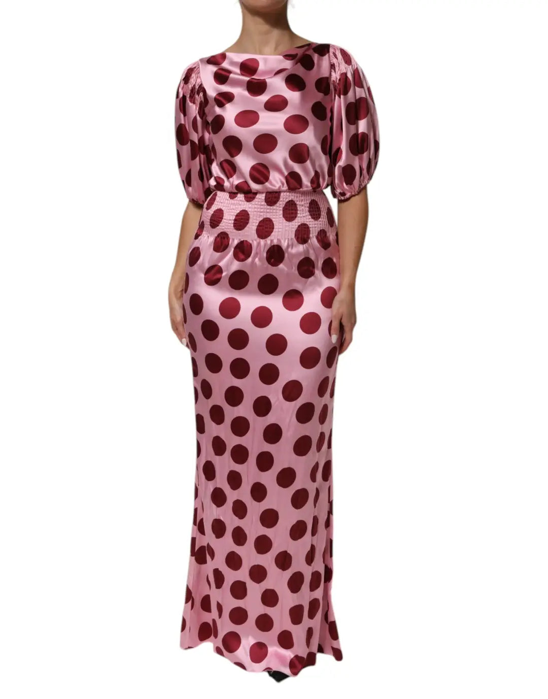 Dolce &amp; Gabbana Pink Red Polka Dot Silk Satin Maxi Gown Dress
