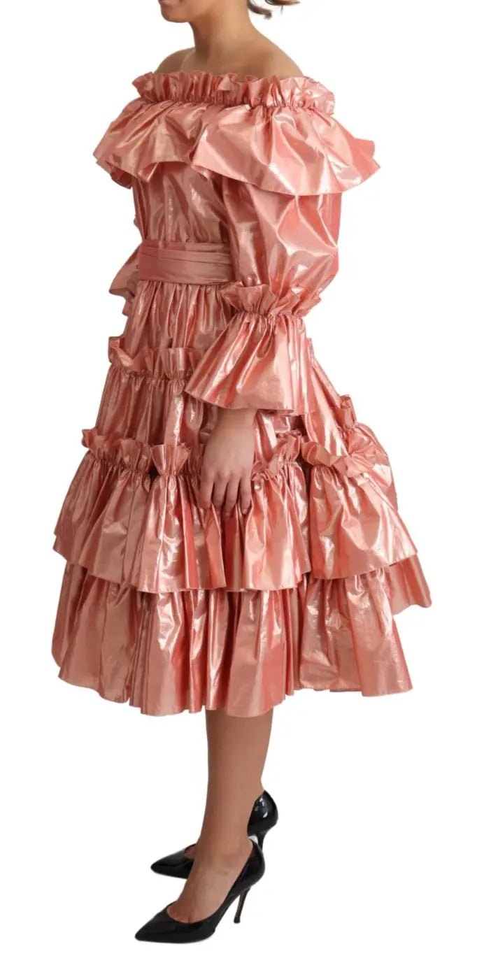 Dolce &amp; Gabbana Pink Ruffled Dress Silk Cotton Gown