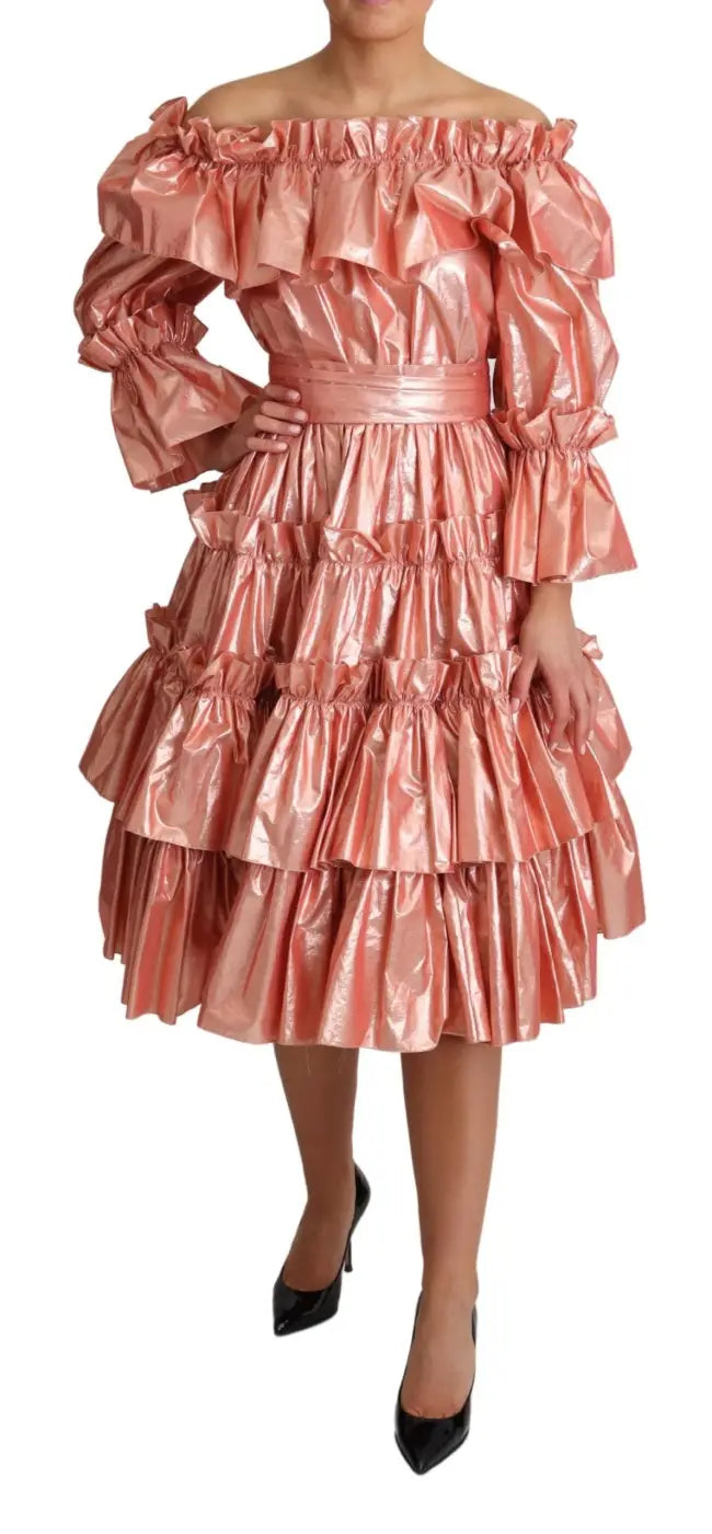 Dolce &amp; Gabbana Pink Ruffled Dress Silk Cotton Gown