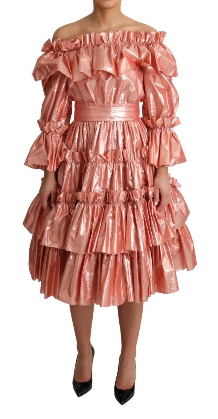 Dolce &amp; Gabbana Pink Ruffled Dress Silk Cotton Gown