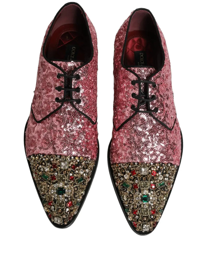 Dolce &amp; Gabbana Pink Sequin Embellished Men Derby Dress Shoes