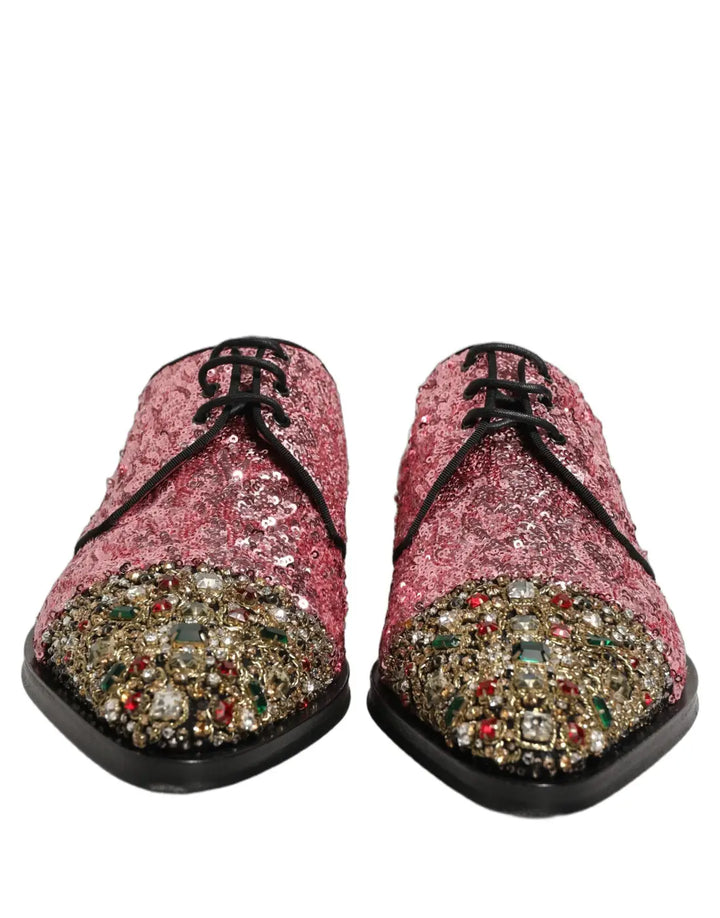 Dolce &amp; Gabbana Pink Sequin Embellished Men Derby Dress Shoes