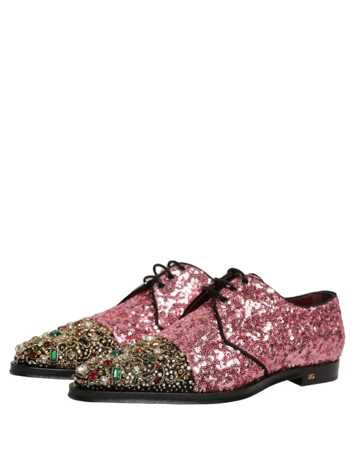 Dolce &amp; Gabbana Pink Sequin Embellished Men Derby Dress Shoes