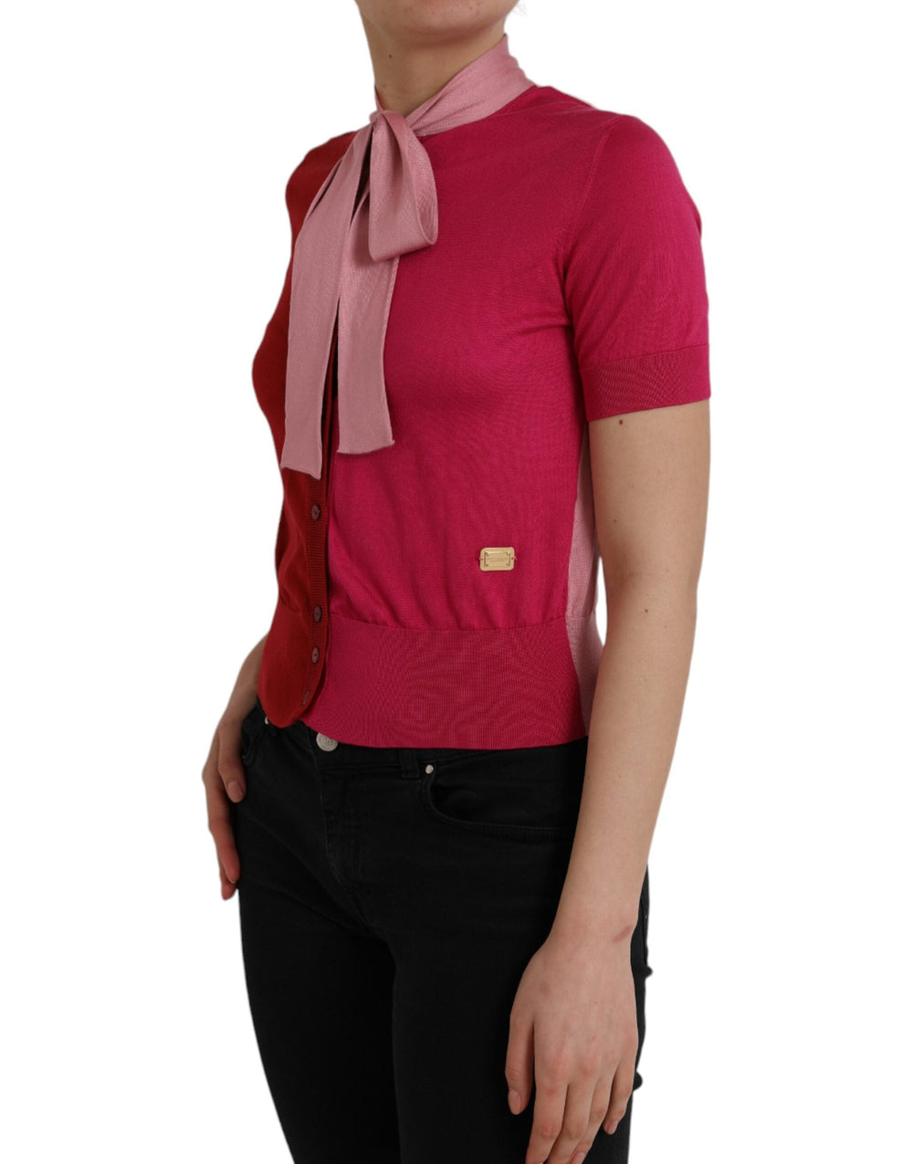 Dolce & Gabbana - Pink Short Sleeves Pullover Ascot Collar Top