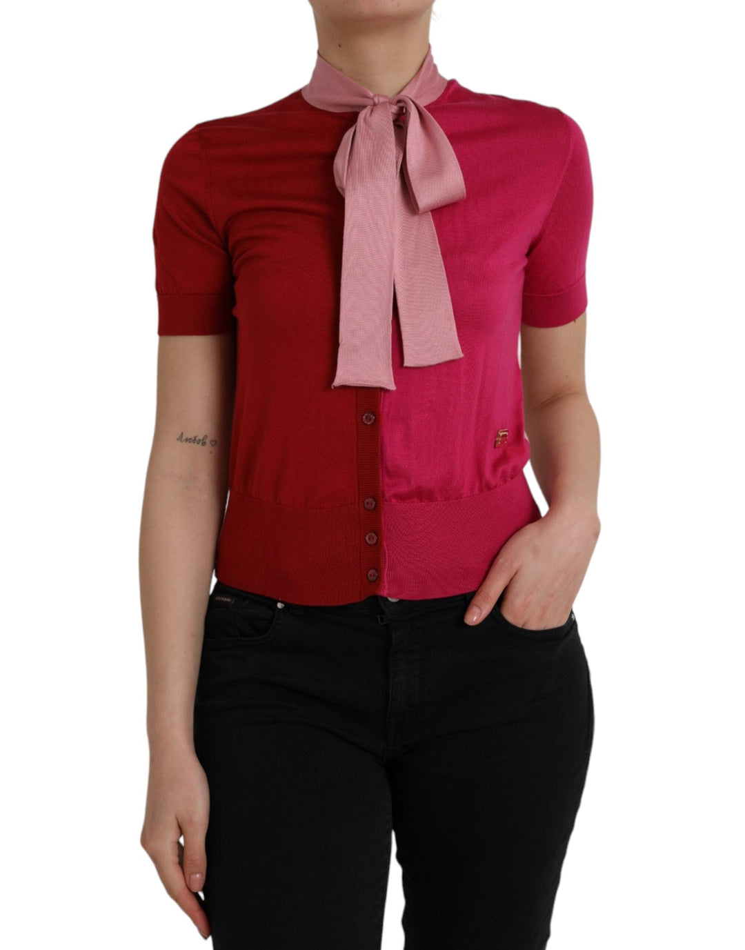 Dolce &amp; Gabbana - Pink Short Sleeves Pullover Ascot Collar Top
