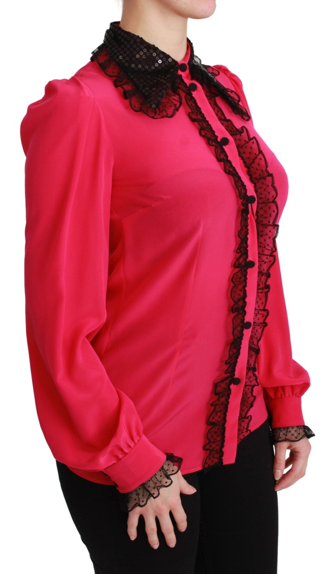 Dolce &amp; Gabbana Blouses - Women’s Pink Silk Black Sequin Lace Shirt Blouse