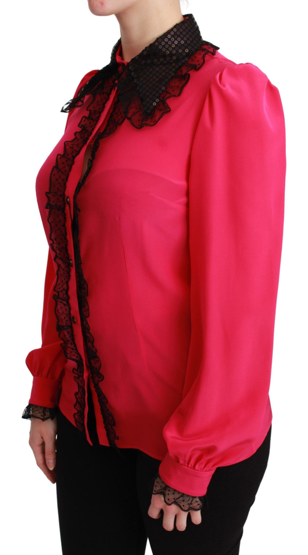 Dolce & Gabbana Blouses - Women’s Pink Silk Black Sequin Lace Shirt Blouse