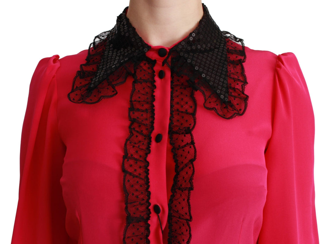 Dolce &amp; Gabbana Blouses - Women’s Pink Silk Black Sequin Lace Shirt Blouse