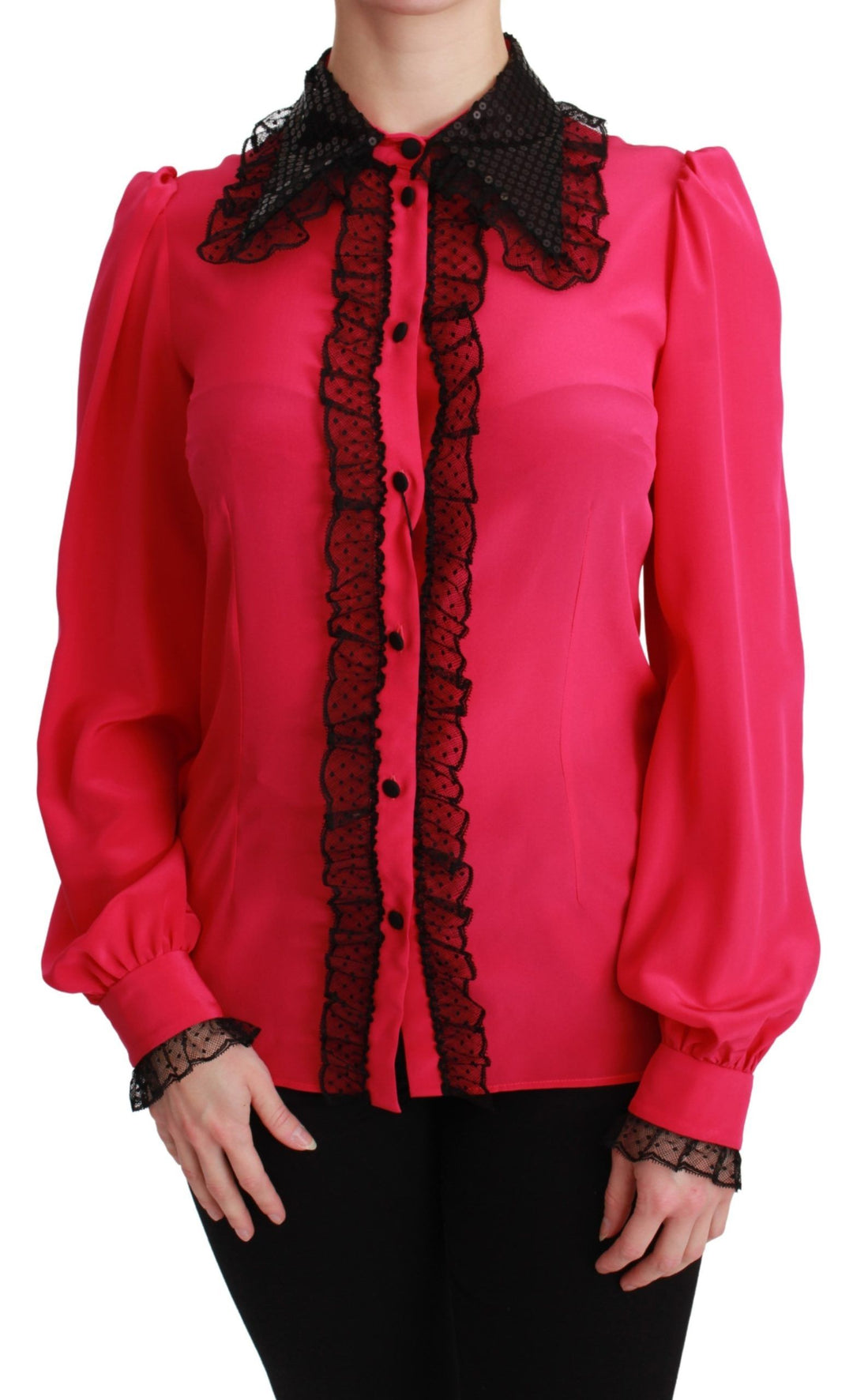 Dolce &amp; Gabbana Blouses - Women’s Pink Silk Black Sequin Lace Shirt Blouse