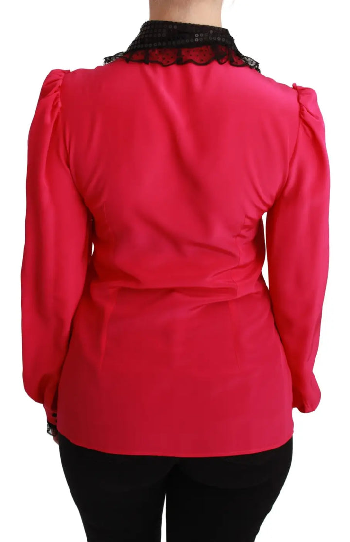 Dolce &amp; Gabbana Pink Silk Black Sequin Lace Shirt Blouse