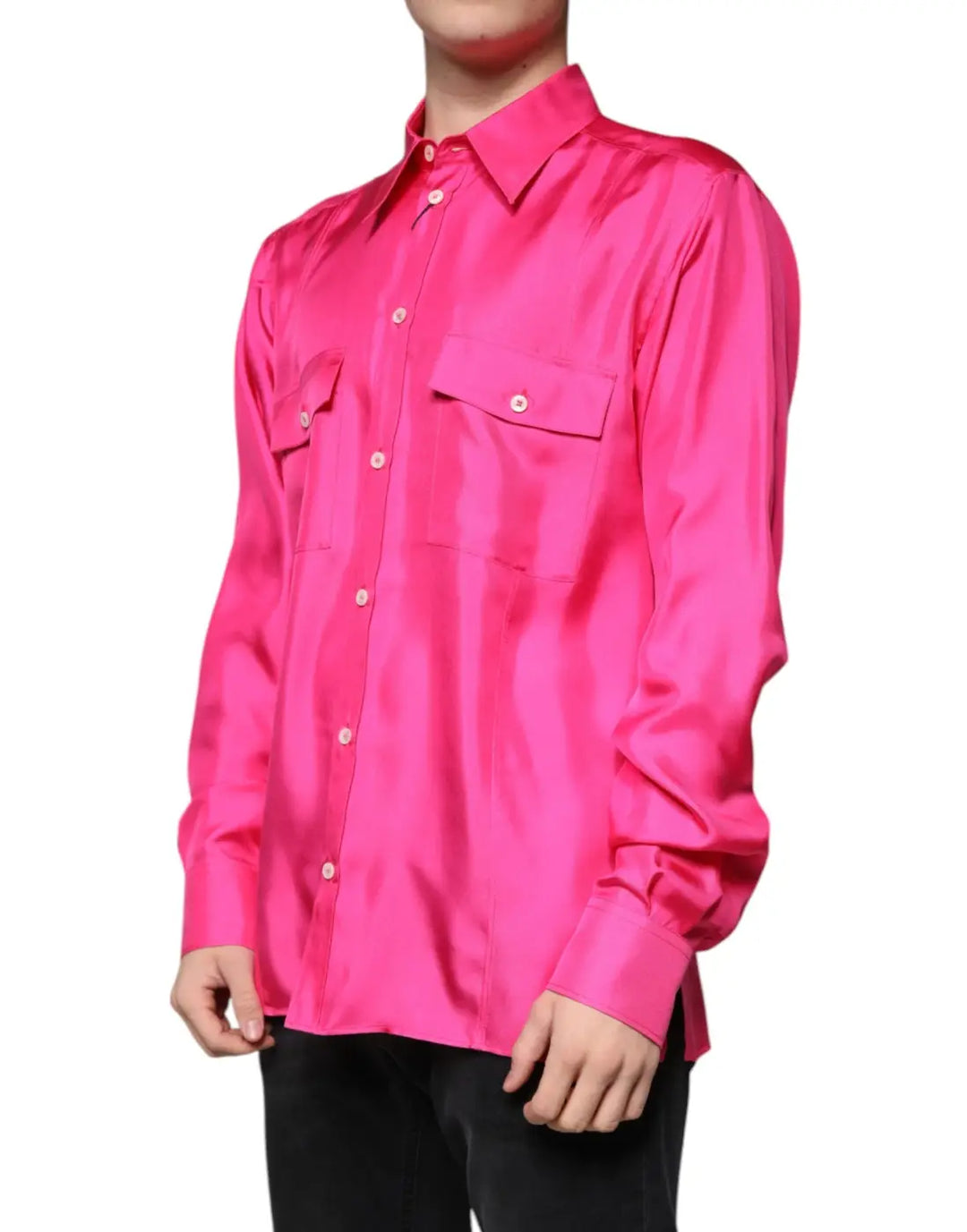 Dolce &amp; Gabbana Pink Silk Collared Button Down Men Shirt