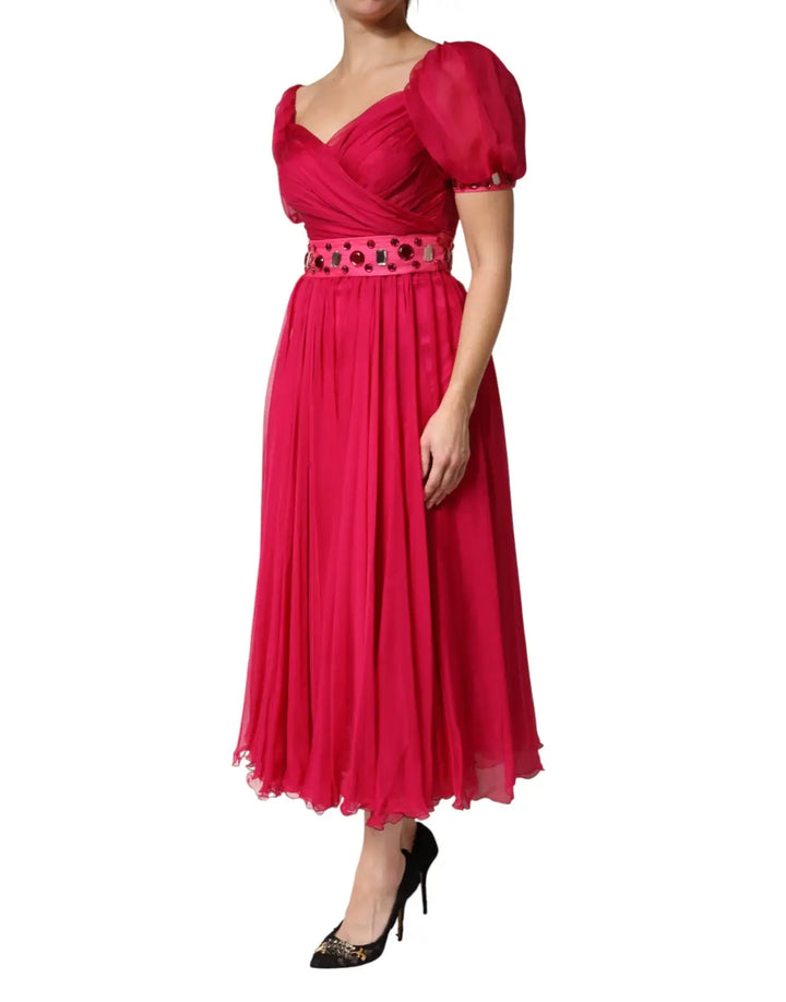 Dolce &amp; Gabbana Pink Silk Embellished A-line Midi Dress