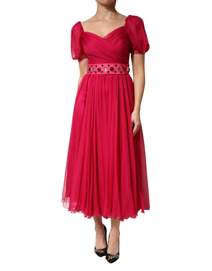 Dolce &amp; Gabbana Pink Silk Embellished A-line Midi Dress