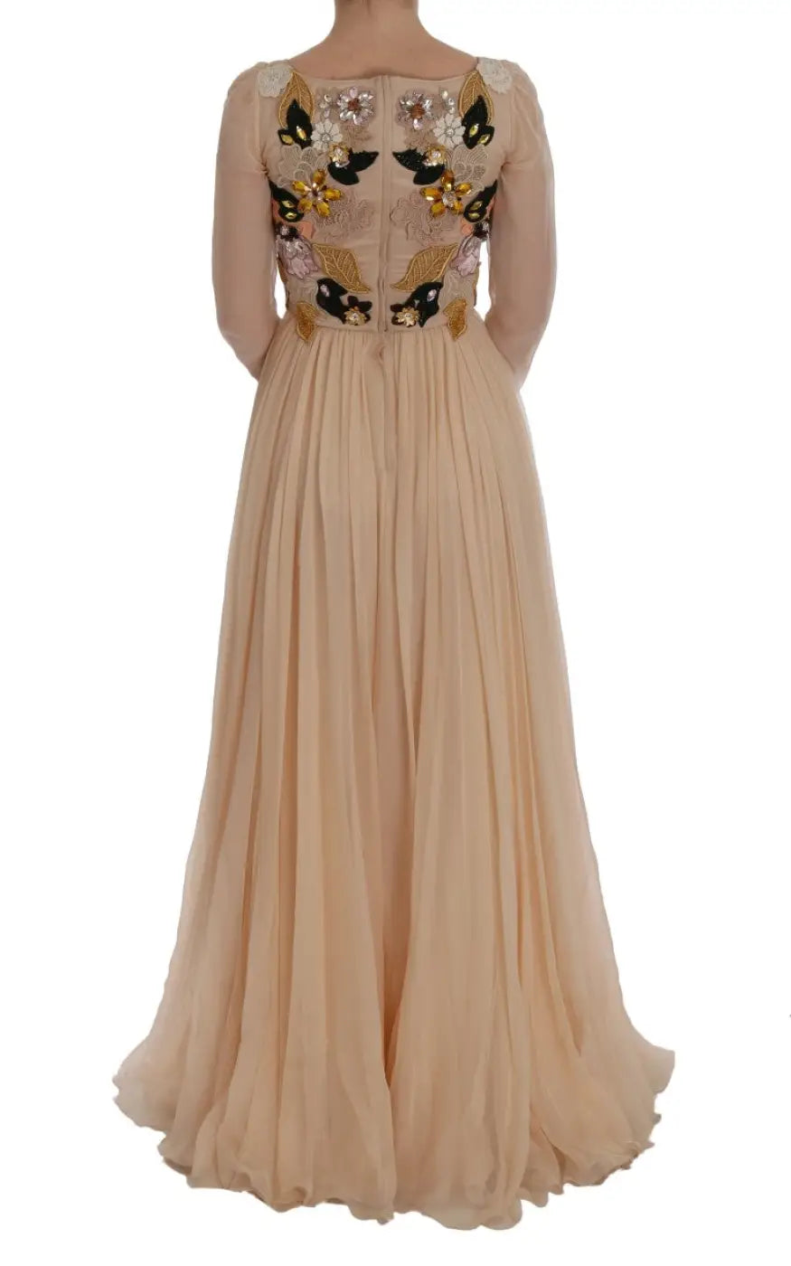 Dolce &amp; Gabbana Pink Silk Floral Crystal Maxi Gown Dress