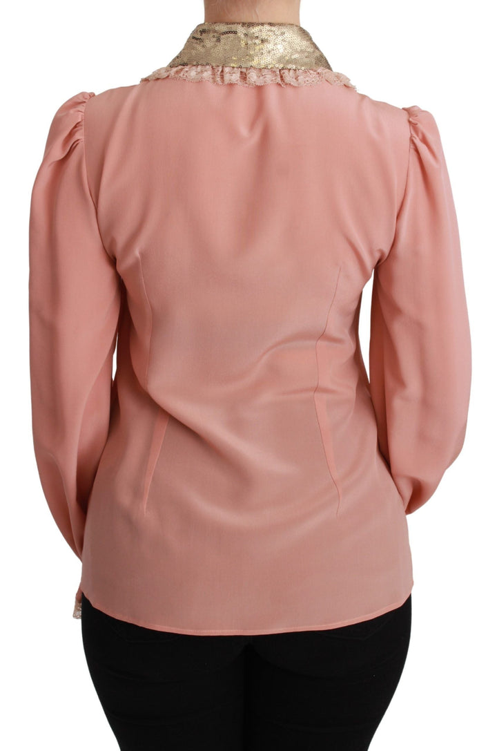 Dolce &amp; Gabbana Blouses - Women’s Pink Silk Gold Sequin Lace Blouse Shirt