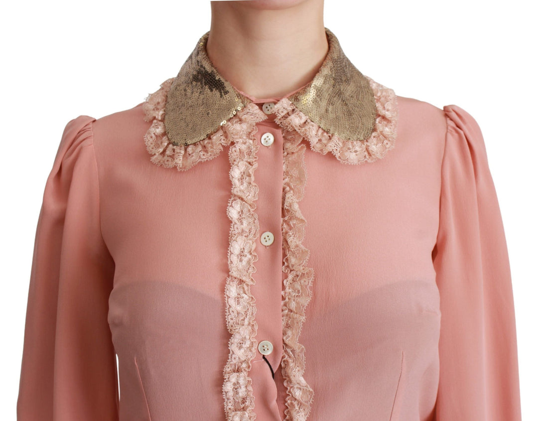 Dolce &amp; Gabbana Blouses - Women’s Pink Silk Gold Sequin Lace Blouse Shirt