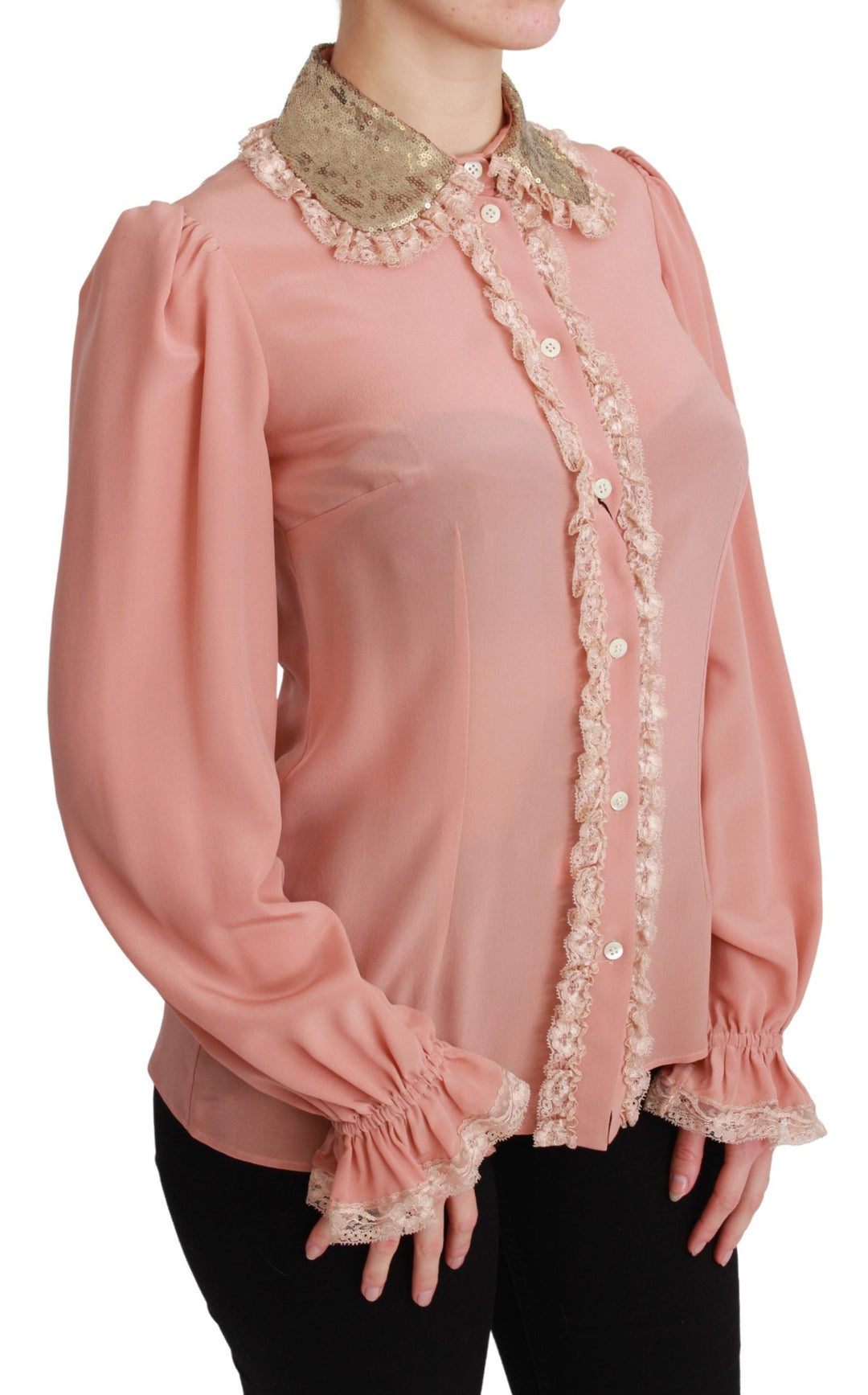 Dolce &amp; Gabbana Blouses - Women’s Pink Silk Gold Sequin Lace Blouse Shirt
