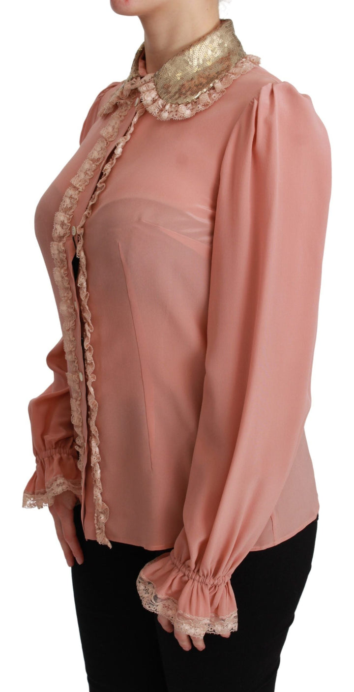 Dolce &amp; Gabbana Blouses - Women’s Pink Silk Gold Sequin Lace Blouse Shirt