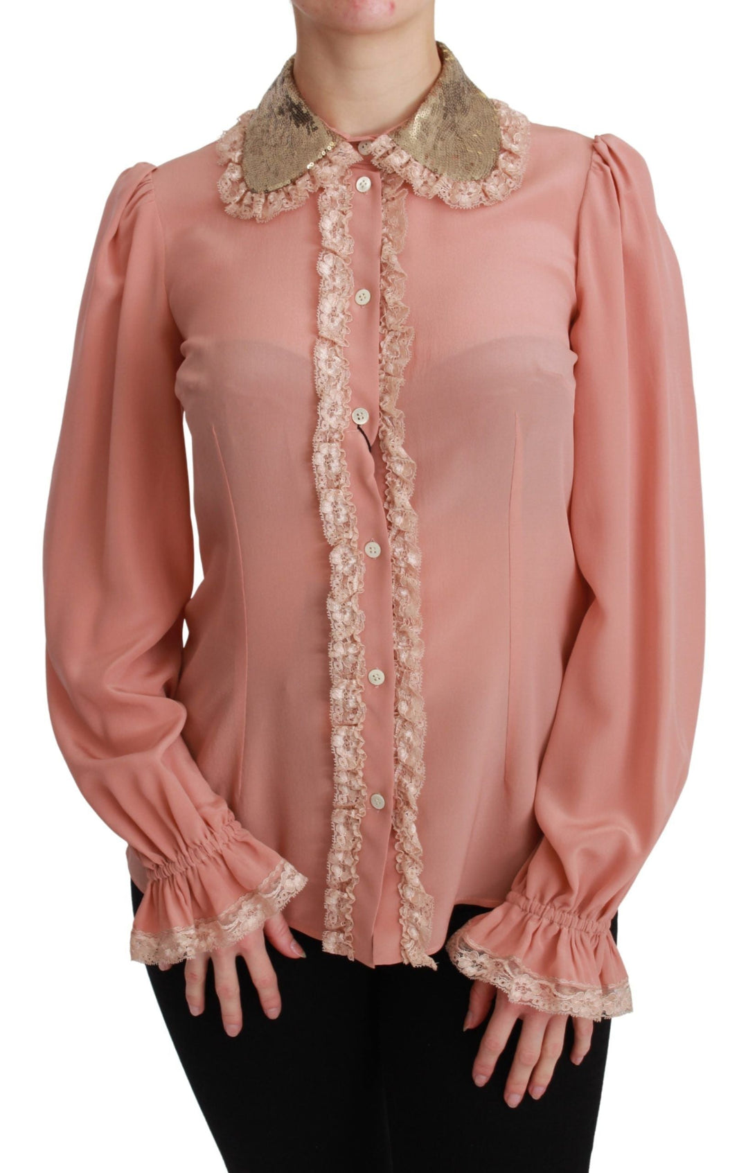 Dolce &amp; Gabbana Blouses - Women’s Pink Silk Gold Sequin Lace Blouse Shirt