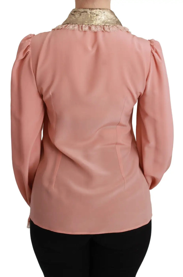 Dolce &amp; Gabbana Pink Silk Gold Sequin Lace Blouse Shirt