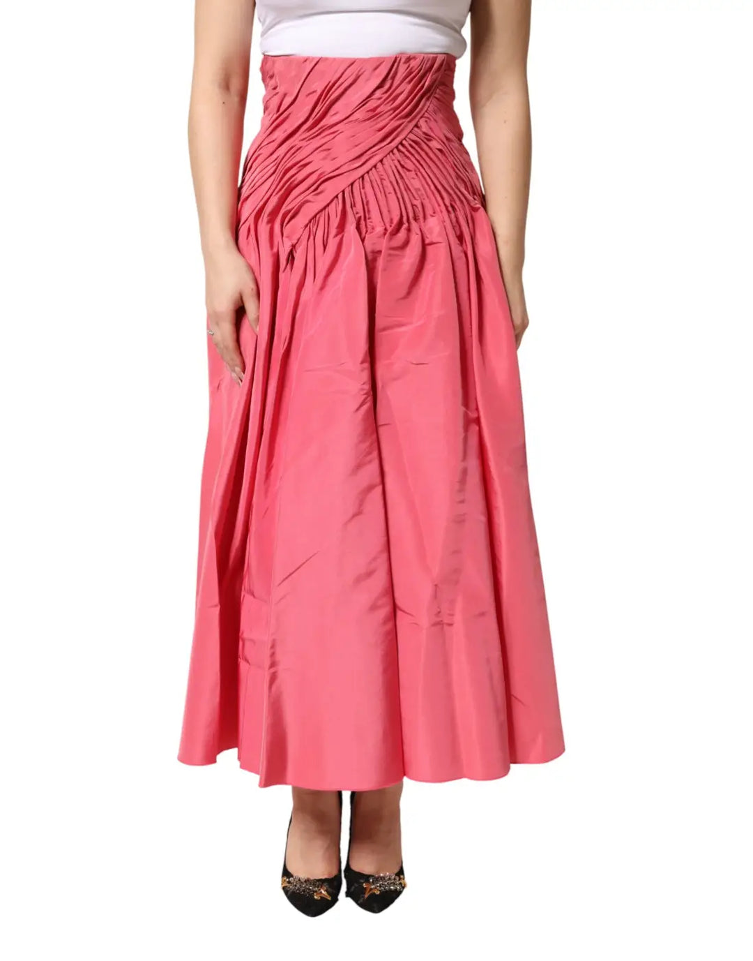 Dolce &amp; Gabbana Pink Silk Pleated High Waist Midi Skirt