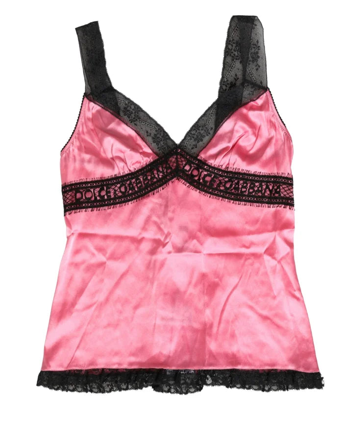 Dolce &amp; Gabbana Pink Silk Satin Lace Trim Lingerie Top Sleepwear