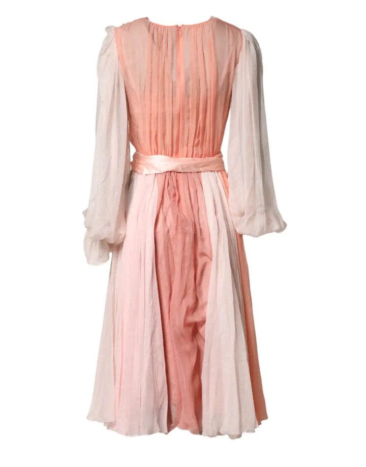 Dolce &amp; Gabbana Pink Silk Tulle Long Sleeve V-neck Dress