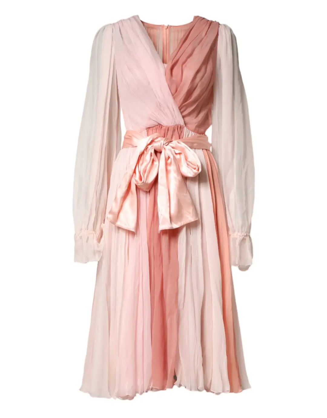 Dolce &amp; Gabbana Pink Silk Tulle Long Sleeve V-neck Dress