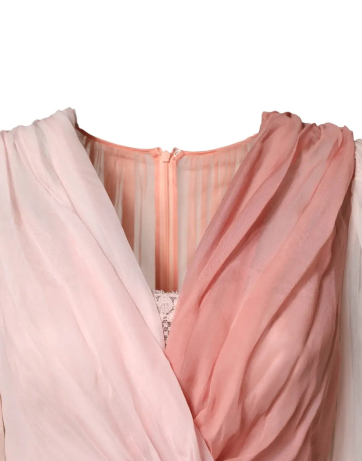 Dolce &amp; Gabbana Pink Silk Tulle Long Sleeve V-neck Dress