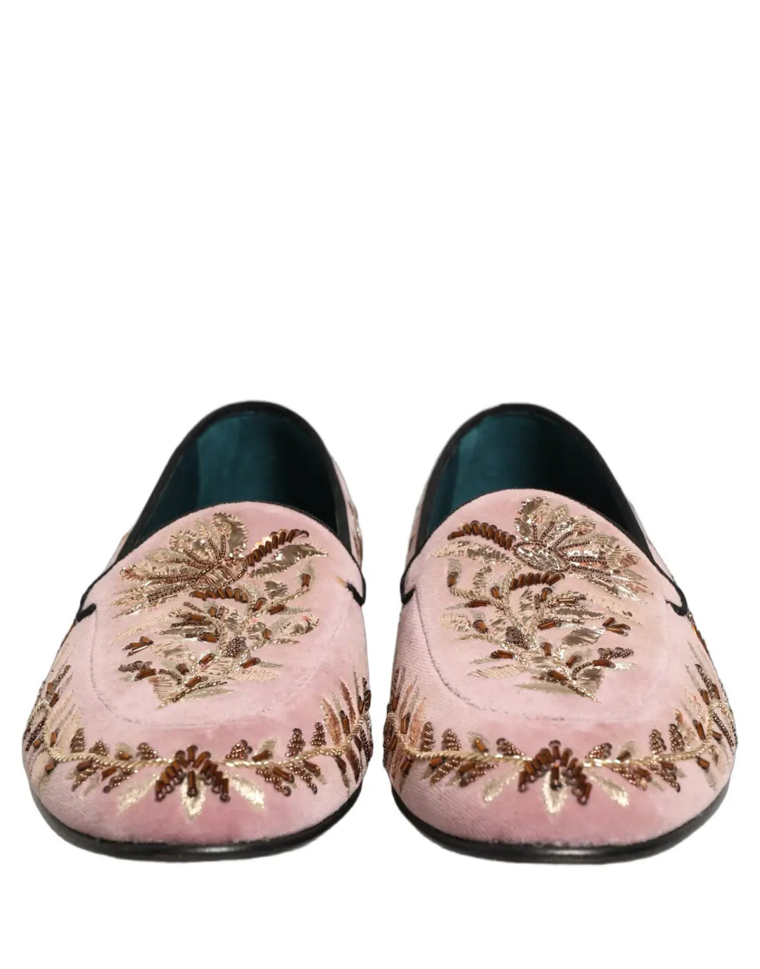 Dolce &amp; Gabbana Pink Velvet Floral Embroidery Loafers Shoes