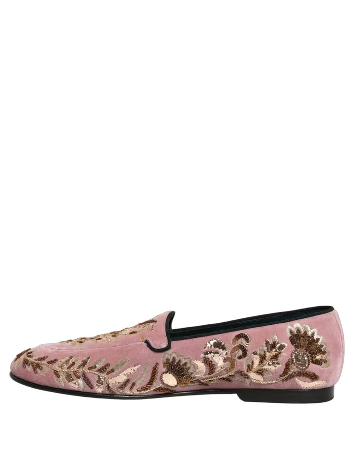 Dolce &amp; Gabbana Pink Velvet Floral Embroidery Loafers Shoes