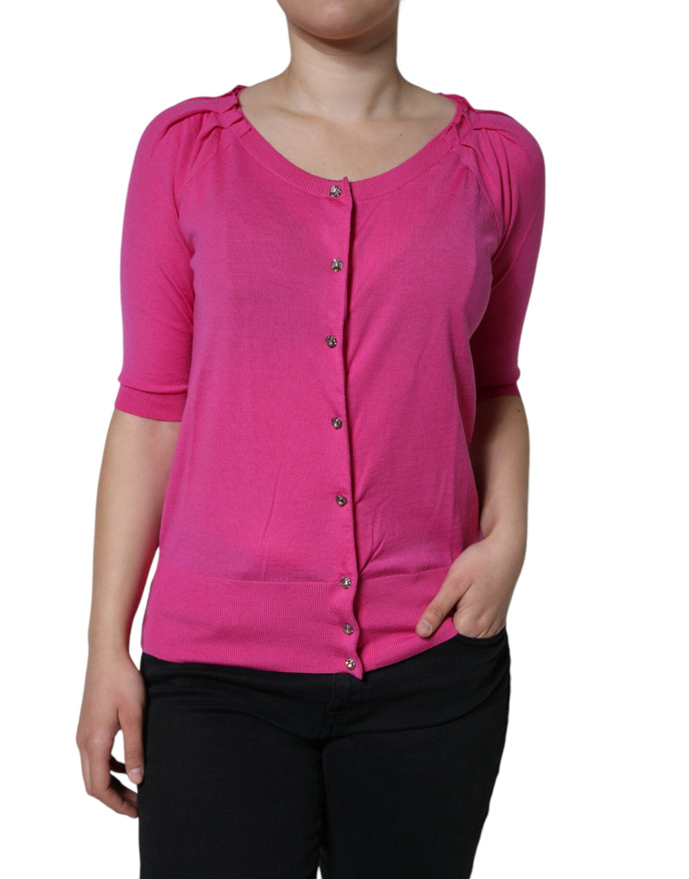 Dolce & Gabbana - Pink Wool Button Down Short Sleeve Blouse Top