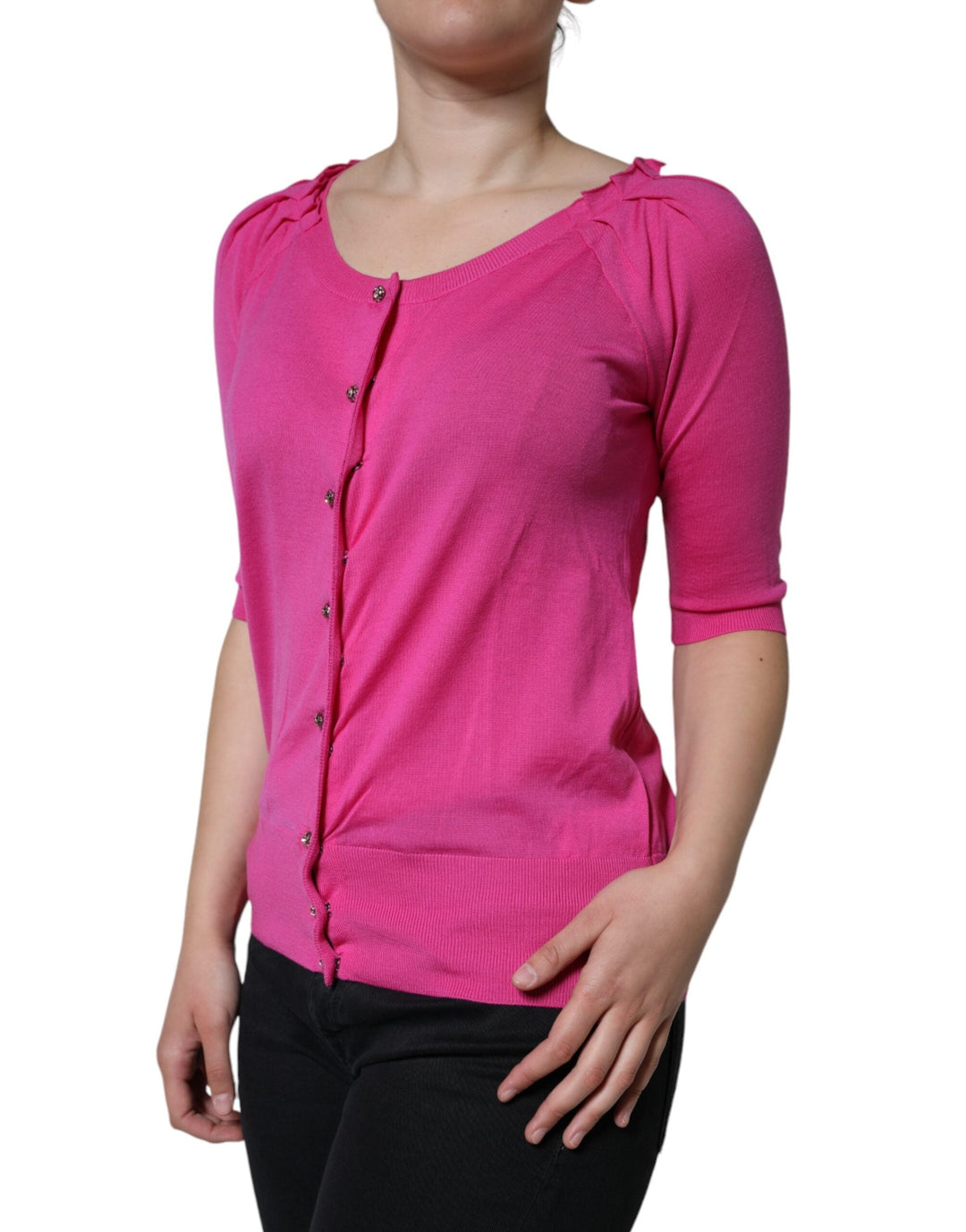 Dolce &amp; Gabbana - Pink Wool Button Down Short Sleeve Blouse Top