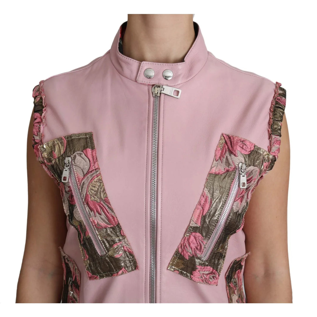 Dolce & Gabbana Pink Zippered Lamb Sleeveless Vest Leather Jacket