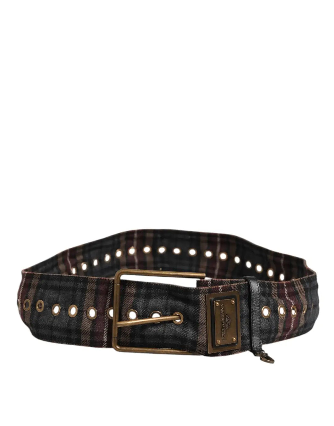 Dolce &amp; Gabbana Plaid Fabric Logo Plate Brass Buckle Belt