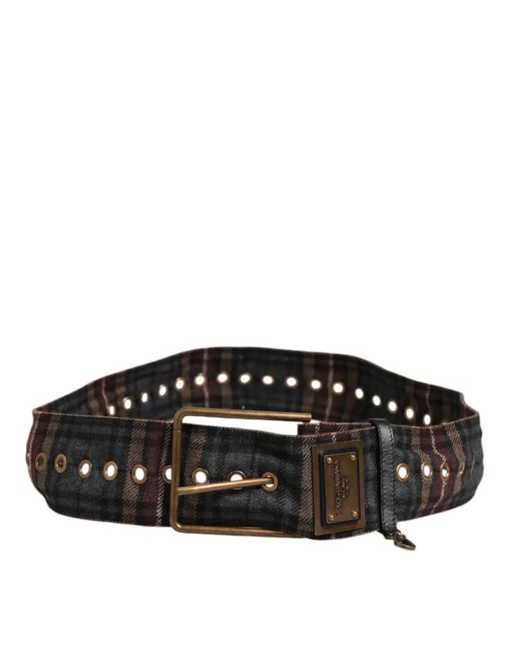 Dolce &amp; Gabbana Plaid Fabric Logo Plate Brass Buckle Belt