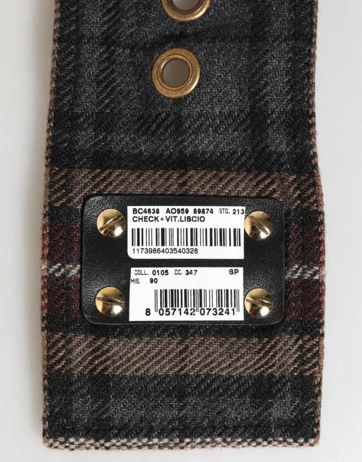 Dolce &amp; Gabbana Plaid Fabric Logo Plate Brass Buckle Belt