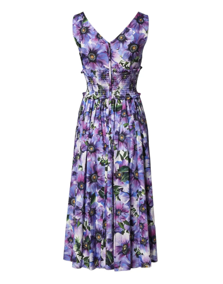 Dolce &amp; Gabbana Purple Anemone Print Pleated Midi Dress