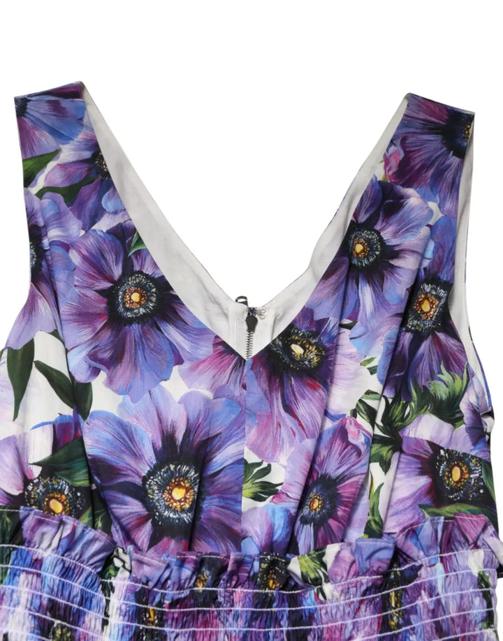Dolce &amp; Gabbana Purple Anemone Print Pleated Midi Dress