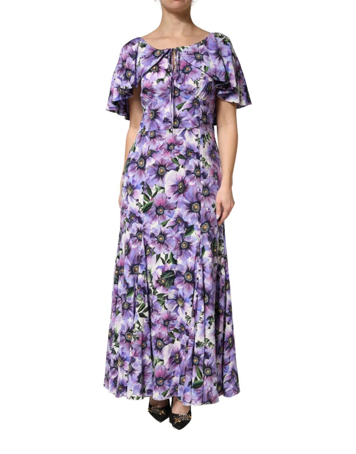 Dolce &amp; Gabbana Purple Floral Silk Stretch Elegant Gown Dress