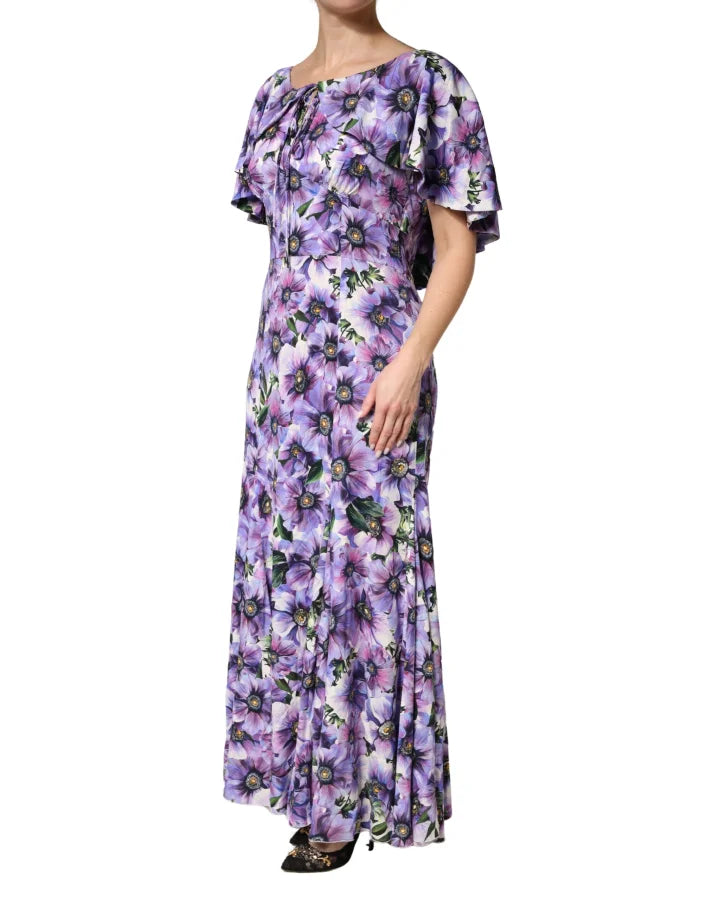 Dolce &amp; Gabbana Purple Floral Silk Stretch Elegant Gown Dress