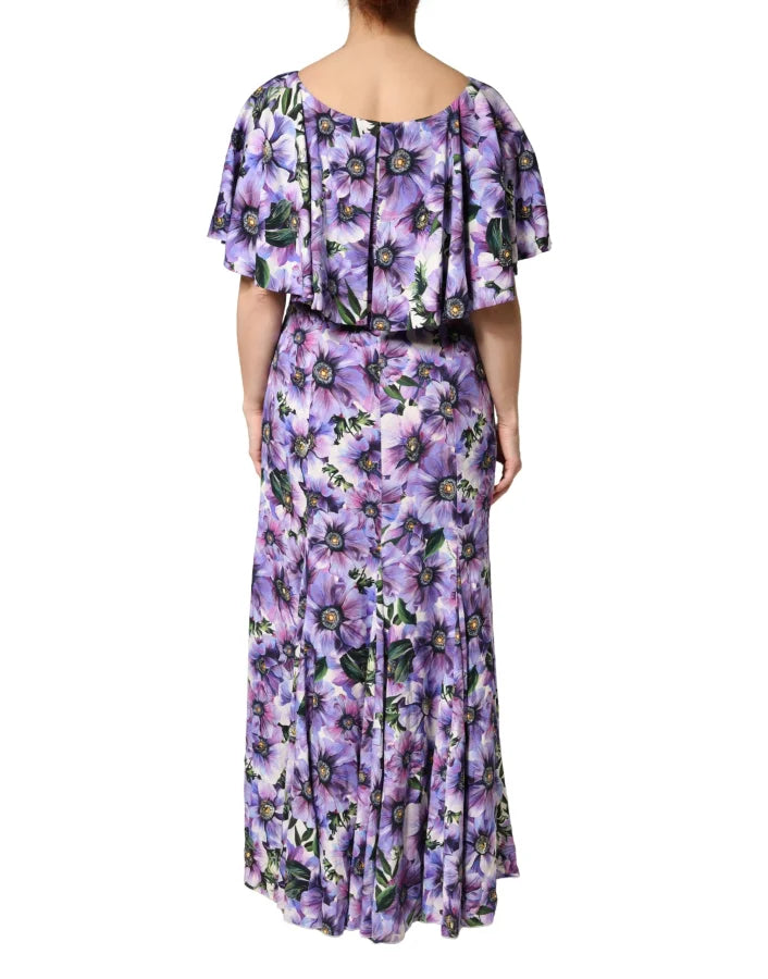 Dolce &amp; Gabbana Purple Floral Silk Stretch Elegant Gown Dress