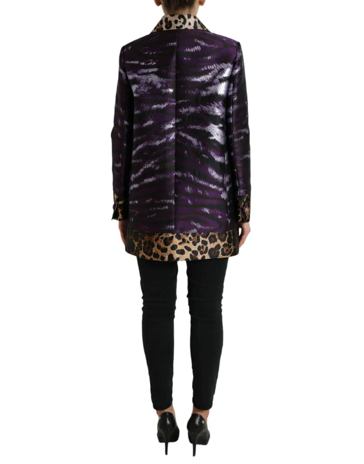 Dolce &amp; Gabbana Purple Lamé Jacquard Tiger Print Coat Jacket